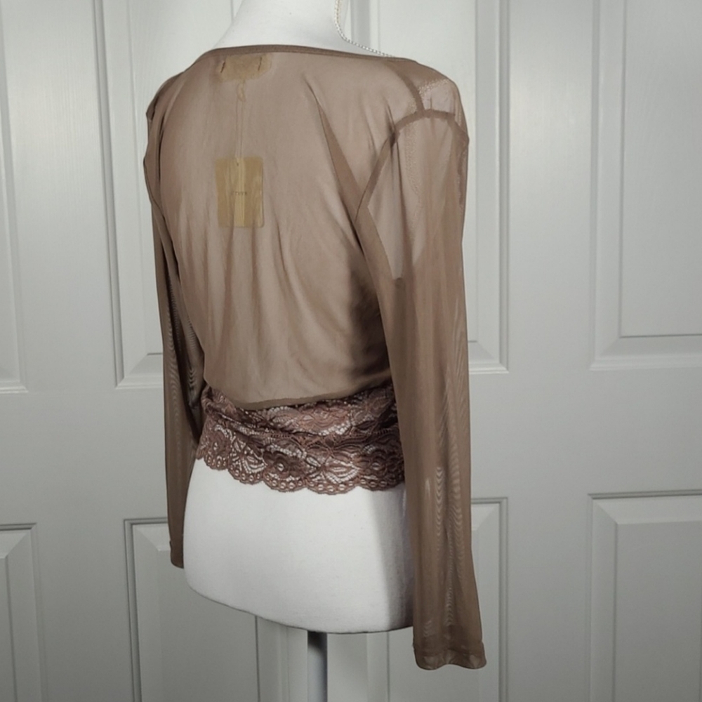 NWT A'reve Lace & Mesh Sheer Stretchy Crop Top in Brown Size Large - Picture 5 of 14